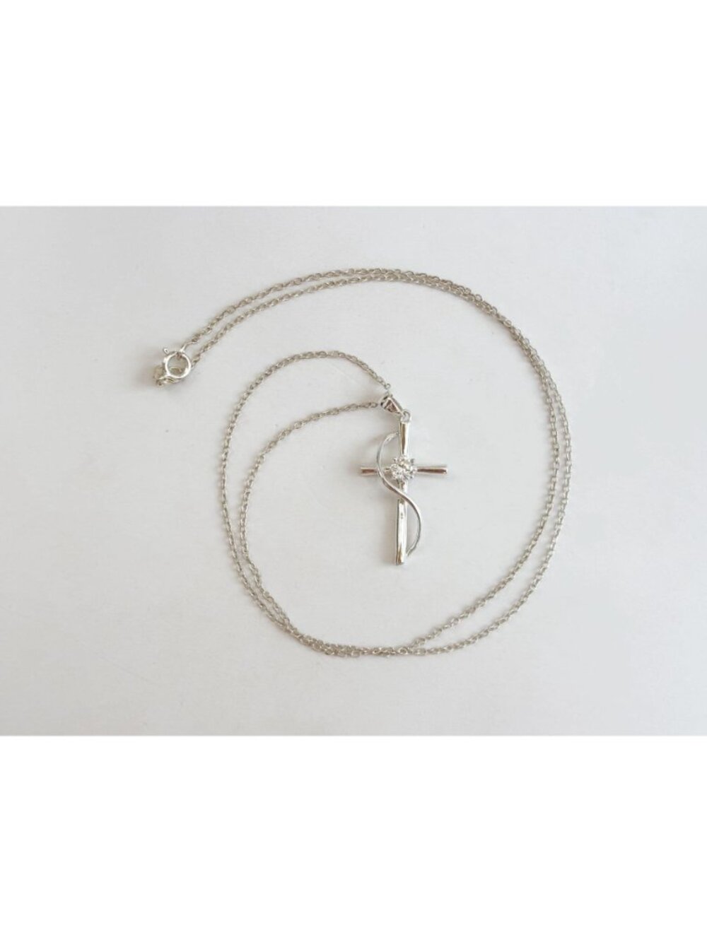 Modernist Cubic Zirconia Cross Sterling Silver 925 Vintage Pendant Necklace 16" - Picture 14 of 14